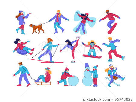 People winter activity. Snow skiers. Persons ride on sled or snowboard. Christmas snowman silhouette. Kids walk with dog. Outdoor sport. Children active leisure set. Vector illustration People winter activity. Snow skiers. Persons ride on sled or snowboard. Christmas snowman silhouette. Kids walk with dog. Outdoor sport. Children active leisure set. Vector illustration 95743022