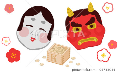 Setsubun Oni 和 Okame 面具和豆子插圖 95743044