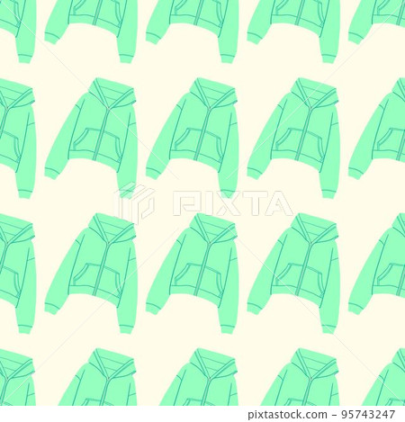 Cozy seamless pattern with clothes. Green trendy hoodie. Contemporary casual style, youth fashion and wardrobe. Vector illustration 95743247