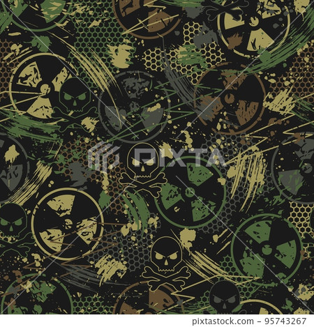 Seamless colorful camouflage pattern with ionizing radiation symbol, paint brush strokes, skull and crossbones, hexagon net. Good for apparel, fabric, textile, sport goods. Grunge texture Seamless colorful camouflage pattern with ionizing radiation symbol, paint brush strokes, skull and crossbones, hexagon net. Good for apparel, fabric, textile, sport goods. Grunge texture 95743267