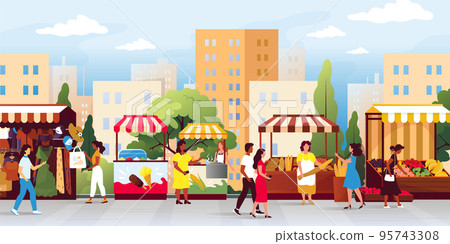 Traditional vegetable market. Sellers booth. Agriculture food fair trade. Grocery kiosks. City marketplace. People walking and shopping in bazaar stalls. Vector illustration background 95743308