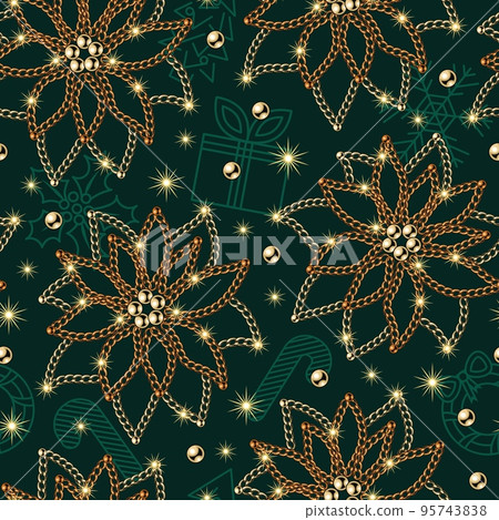 Pattern with flower poinsettia made of jewelry chains, stars on green background 95743838