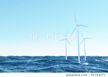 Wind turbines in waving sea 95744477