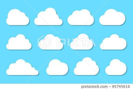 Clouds white flat icon set isolated on blue sky. Different shape cloud abstract web banner template outline cartoon speech bubble symbol. Digital internet network data technology business concept sign 95745618