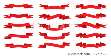 Red ribbon flat set. Blank tape banner for advertising promotion, sale text, header title decor, badge, emblem, empty frame. Curled scroll ribbons. Elegant retro flag, background stripe 95745620