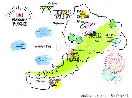 Handwritten Fukui sightseeing spot simple line drawing illustration map 95745886