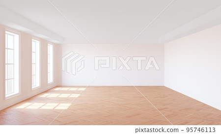 White Empty Interior with Stucco Walls, Three Large Windows, White Ceiling Cornice, Glossy Herringbone Parquet Floor and a White Plinth. 3D rendering with a Work Path on the Windows. 8K Ultra HD 95746113