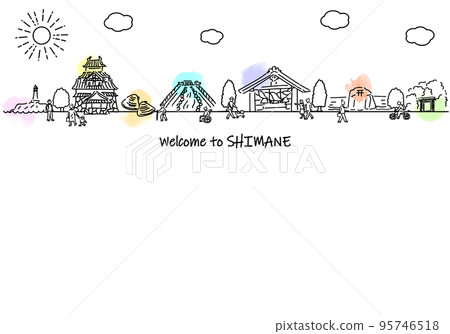 島根縣手繪城市景觀和人的簡單線條圖 95746518