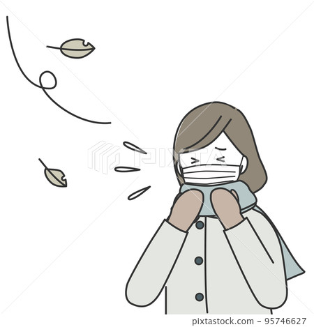 一個戴面罩的女人,戴著打噴嚏的圍巾和手套 一個戴面罩的女人,戴著打噴嚏的圍巾和手套 95746627