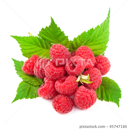 Ripe raspberry with green leaf 95747180