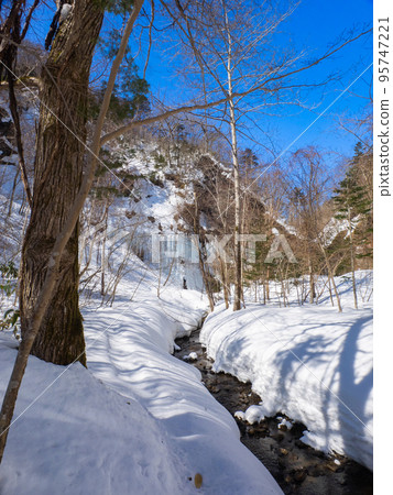 A view of the icefall over the snow-covered stream (Hokkaido, Shiraoi, Kajikasawa) 95747221