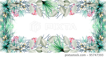 Banner of coniferous plants watercolor illustration isolated on white. 95747393
