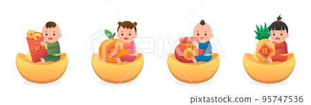 Set of cute kids with elements of Chinese New Year, gold ingot and red paper bag, vector cartoon style Set of cute kids with elements of Chinese New Year, gold ingot and red paper bag, vector cartoon style 95747536