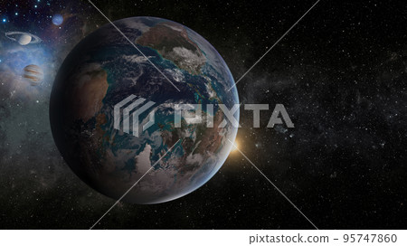 Planet Earth in space, Saturn, Jupiter and Uranus at the foreground. 3d illustration. Elements of this image furnished by NASA. Planet Earth in space, Saturn, Jupiter and Uranus at the foreground. 3d illustration. Elements of this image furnished by NASA. 95747860