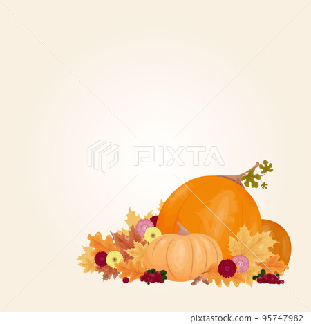 Thanksgiving greeting design day. Autumn leaves and pumpkins on a white background. Thanksgiving greeting design day. Autumn leaves and pumpkins on a white background. 95747982