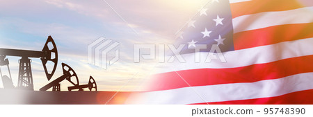 Flag of America and oil rig. Oil in USA. Oil field discovery. 95748390