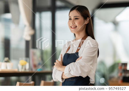 Successful small business owner sme beauty girl stand at her cafe 95749327