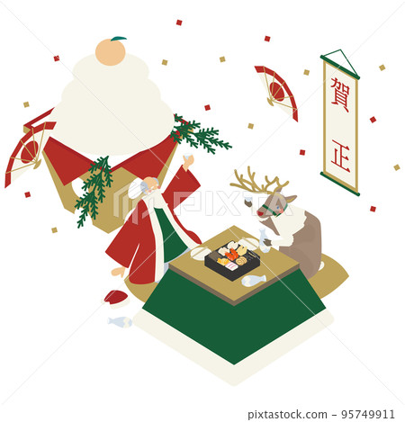 Santa Claus spends New Year's Eve slowly at home with his reindeer 95749911