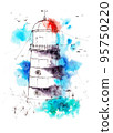 lighthouse watercolor painting illustration. Hand drawn watercolourr art. Sketching artwork. 95750220