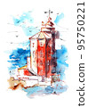 lighthouse watercolor painting illustration. Hand drawn watercolourr art. Sketching artwork. 95750221