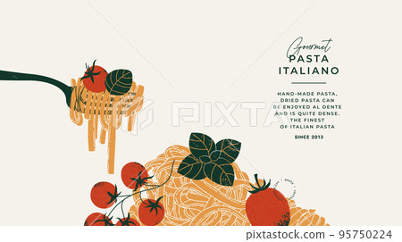 Fettuccine pasta on a fork. Italian food horizontal design template. Textured vintage illustration. 95750224