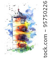 lighthouse watercolor painting illustration. Hand drawn watercolourr art. Sketching artwork. 95750226