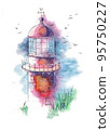 lighthouse watercolor painting illustration. Hand drawn watercolourr art. Sketching artwork. 95750227