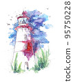 lighthouse watercolor painting illustration. Hand drawn watercolourr art. Sketching artwork. 95750228