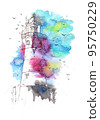 lighthouse watercolor painting illustration. Hand drawn watercolourr art. Sketching artwork. 95750229