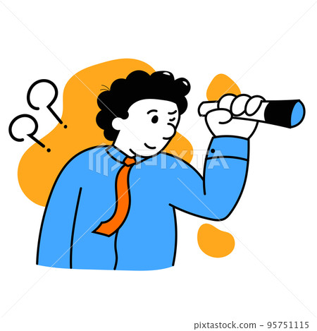 Search for new opportunities. Vector illustration with young ambitious smart manager looking through binoculars. Business, finance, minimalism, team, management and target Search for new opportunities. Vector illustration with young ambitious smart manager looking through binoculars. Business, finance, minimalism, team, management and target 95751115