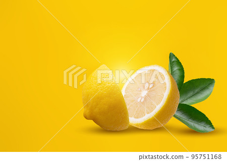 Sliced lemon fruit isolated on yellow background 95751168
