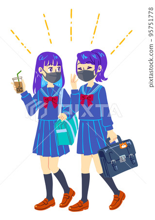 兩名戴著口罩(藍色)的女高中生在放學回家的路上 兩名戴著口罩(藍色)的女高中生在放學回家的路上 95751778