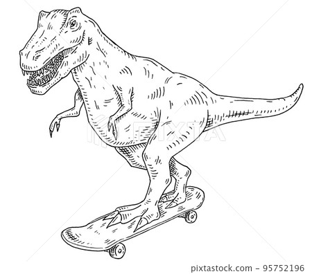 Dinosaur rides on skateboard. Engraving black vintage 95752196