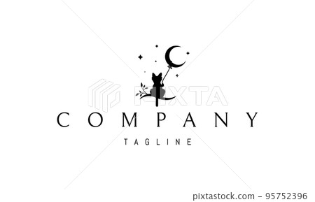 Vector logo on which an abstract image of a funny cat sitting on a tree branch with the moon on a string. 95752396