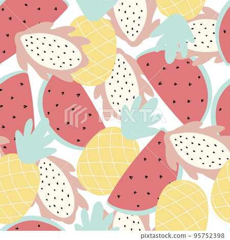 seamless pattern with fruit slices of watermelon, pineapple and dragon fruit in doodle style 95752398