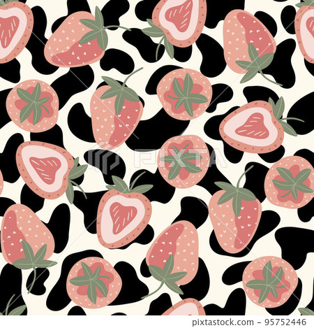 seamless pattern with pink strawberries and black spots of cow skin in doodle style seamless pattern with pink strawberries and black spots of cow skin in doodle style 95752446