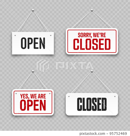 Realistic open or closed hanging signboards. Vintage door sign for cafe, restaurant, bar or retail store. Announcement banner, information signage for business or service. Vector illustration 95752469