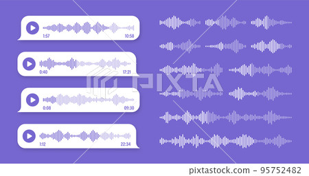 Voice, audio message, violet speech bubble. SMS text frame. Social media chat or messaging app conversation. Voice assistant, recorder. Sound wave pattern. Vector illustration 95752482