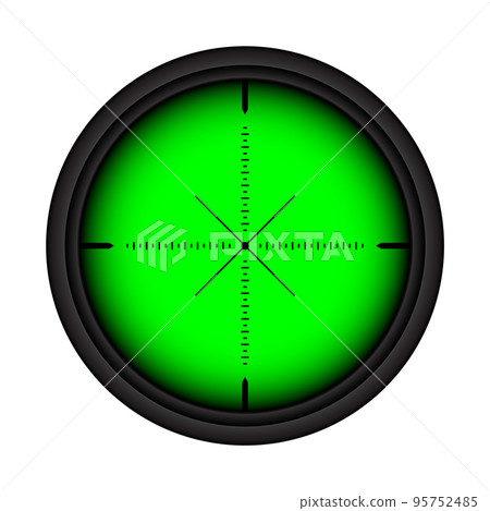 Weapon night sight, sniper rifle optical scope. Hunting gun viewfinder with crosshair. Aim, shooting mark symbol. Military target sign, silhouette. Game interface UI element. Vector illustration Weapon night sight, sniper rifle optical scope. Hunting gun viewfinder with crosshair. Aim, shooting mark symbol. Military target sign, silhouette. Game interface UI element. Vector illustration 95752485