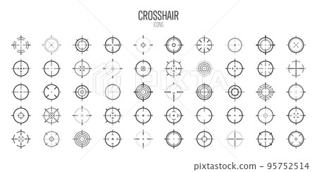 Crosshair, gun sight vector icons. Bullseye, black target or aim symbol. Military rifle scope, shooting mark sign. Targeting, aiming for a shot. Archery, hunting and sports shooting. Game UI element. 95752514