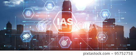 IAS International Accounting Standards. Financial statements on city background IAS International Accounting Standards. Financial statements on city background 95752758