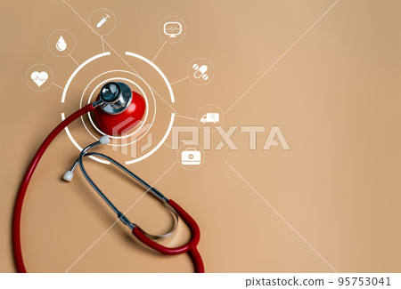 Stethoscope examining red heart, Cardiology, health care concept.. 95753041