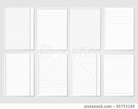 Realistic paper ruled, lined sheets. School pages copybook, isolated blank page with grid. Notebook mockup collection, pithy vector memo elements Realistic paper ruled, lined sheets. School pages copybook, isolated blank page with grid. Notebook mockup collection, pithy vector memo elements 95753184