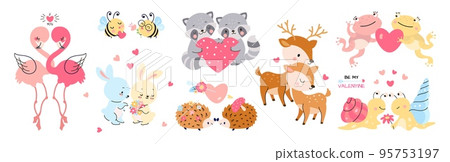 Cute animal couples in love. Valentines day loving animals with hearts. Deer and bee, romantic bunny and flamingo. Cartoon nowaday vector characters 95753197