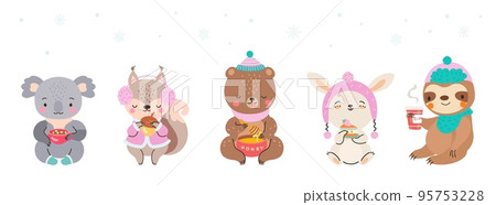 Eating and drinking cute cartoon animals. Koala, bunny, bear, sloth and squirrel isolated. Wild animal hold sweet cake and coffee, hot chocolate. Vector childish characters 95753228