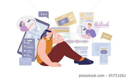 Chaos in lifestyle. Mental disorder and social media addiction. Breaking news, info noise frustrating young flat cartoon vector girl 95753262