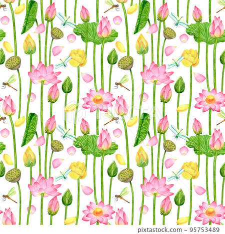Watercolor seamless pattern with lotus flowers, seed boxes to create textures, backgrounds, packaging, textiles Watercolor seamless pattern with lotus flowers, seed boxes to create textures, backgrounds, packaging, textiles 95753489