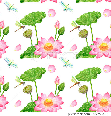 Watercolor seamless pattern with lotus flowers, seed boxes to create textures, backgrounds, packaging, textiles Watercolor seamless pattern with lotus flowers, seed boxes to create textures, backgrounds, packaging, textiles 95753490
