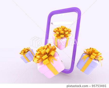 Smartphone with gift boxes flying out of screen. Shopping sale promotion, consumers app. Fortune, bonus for store clients, mobile phone with presents. Cartoon 3d render, web banner Smartphone with gift boxes flying out of screen. Shopping sale promotion, consumers app. Fortune, bonus for store clients, mobile phone with presents. Cartoon 3d render, web banner 95753491