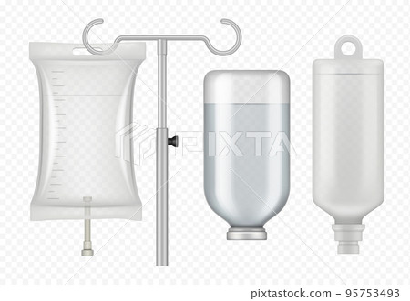Medical dropper. Realistic bottles and plastic packages with medical liquid drugs transfusion systems for hospital decent vector templates Medical dropper. Realistic bottles and plastic packages with medical liquid drugs transfusion systems for hospital decent vector templates 95753493